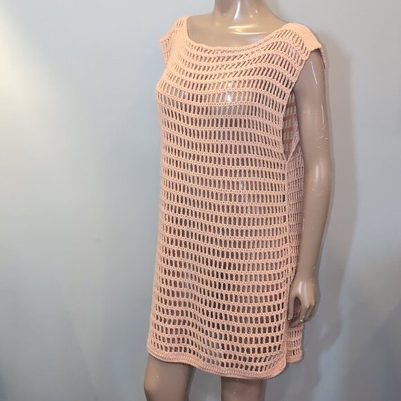 3/$20 Peach Crochet Shell Dress Beach Swim Cover Up Cap Sleeve Sheath Boat Neck - Picture 4 of 11